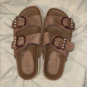 ShuShop Tan Suede Sandals with Pearl Buckles